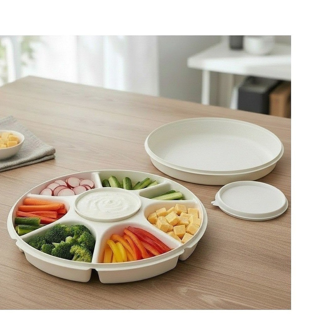 Vintage Tupperware Serving Tray, Almond White, Divided Dip Platter, 4 Pcs, #1665